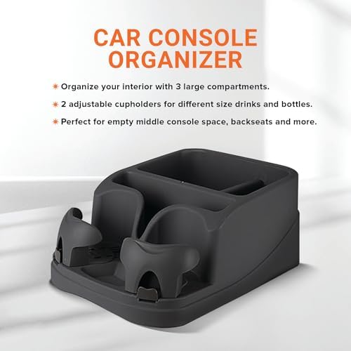 Armor All Car Console Organizer, Car Seat Organizer with 2 Adjustable Cup Holders, 3 Large Storage Compartments, Seatbelt for Secure Hold, Vehicle Middle Seat Organizer for Cars, Trucks, Minivans