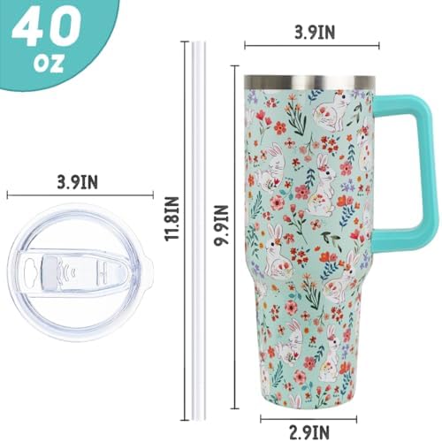 Easter Tumbler 40oz Bunny Floral Coffee Mugs Cute Spring Peeps Leak Proof Cups with Handle and Straw Stainless Steel Vacuum Insulated Water Bottle Easter Gifts for Rabbit Lover (1PCS) - Image 3