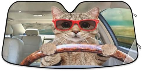 Fun Cute Cat Driving Car Windshield Sun Shade Foldable UV Ray Sun Visor Protector Sunshade to Keep Your Vehicle Cool (57" x 31.5")