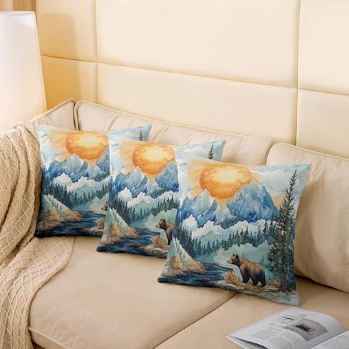 Manfei Lodge Pillow Case Covers 2 Pack,Wild Bear Jungle Hunting Animal Pillow Covers 24"x 24" Soft Square,Watercolor Natural Sunset Mount Lake Pine Trees Paint Decorative Throw Pillow Covers - Image 4