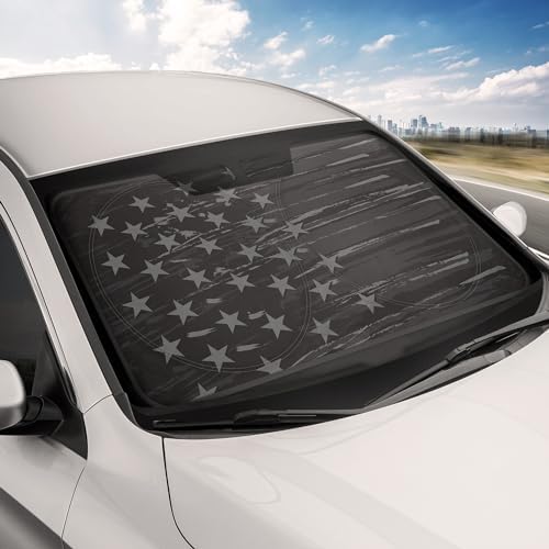 Motor Trend USA Vintage Flag Car Windshield Sun Shade for Front Window, Foldable Car Sun Shade with Patriotic Graphic, Collapsible Sun Visor Sunshade for Cars Windshield (Medium, 65 x 33 inches)