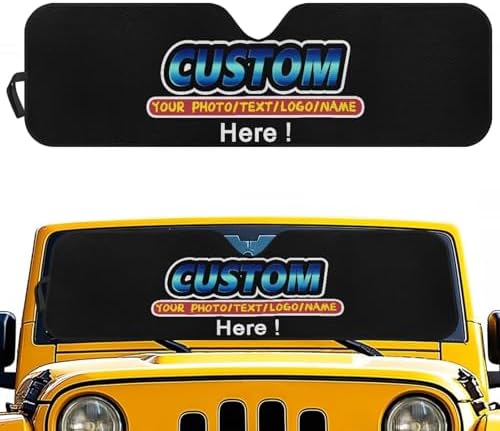 Renewold Custom Personalized Windshield Sun Shade, Add Your Own Photo Foldable Car Front Window Sunshade, Suitable for Jeep Wrangler Gladiator, Customized Sun Visor Block UV Rays Keeps Vehicle Cool