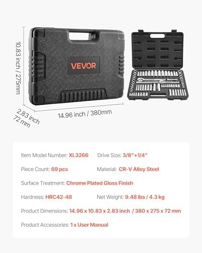 VEVOR Socket Set, 69 Pieces, 3/8 & 1/4 inch Drive Socket and Ratchet Set, SAE and Metric, Deep and Standard, Mechanic Tool Kit with Accessories and Storage Case, CR-V Alloy Steel, for Auto Repair - Image 7