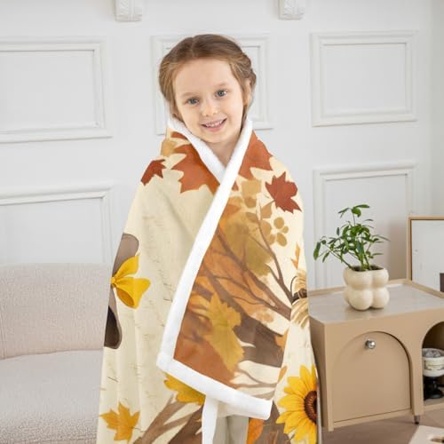 Fall Scarecrow Sherpa Blanket Maple Leaf Sunflower Throw Blanket Bedroom Living Room Soft Cozy Harvest Thanksgiving Pumpkin Blankets Decor for Bed Couch Sofa Orange Yellow Flannel Blankets 50"x60" - Image 3