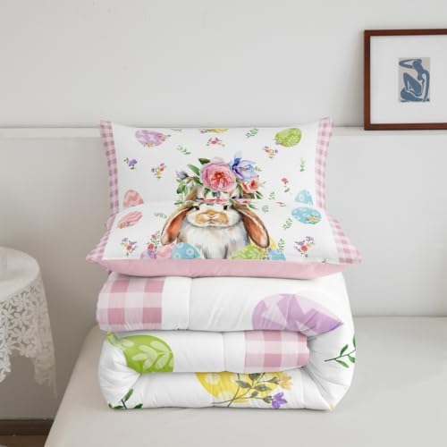 Homewish Happy Easter Comforter Set Full Size Cute Rabbit Animals Bedding Set 3pcs for Kids Girls Women Boys Room Decor Colorful Flowers Egg Quilt Set Pink Geometric Grid Duvet Insert,2 Pillowcases - Image 5