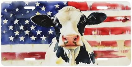 Watercolor Cow American Flag Front License Plate 6" * 12" for Women