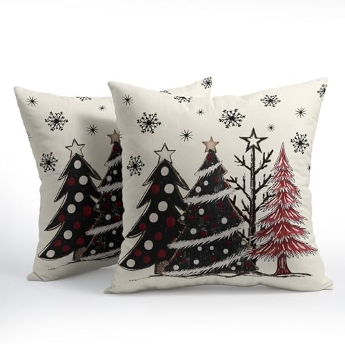 Sweetshow Black Grey Red Xmas Tree Pillow Covers 22x22 Inches Winter Snowflake White Throw Pillow Case Set of 2 Xmas Pillows Cotton Linen Cushion Cover for Home Couch Sofa Livingroom - Image 2