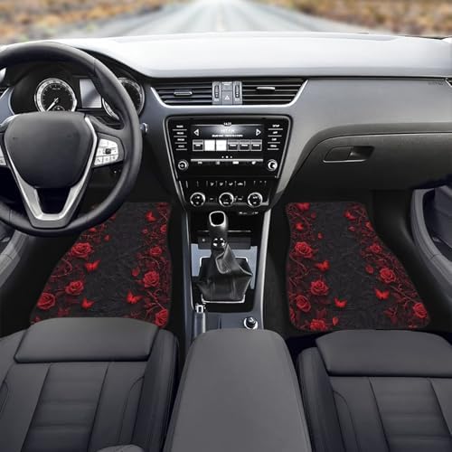 Rose Floral Butterfly Print Car Carpet Floor Mat Gothic Butterflies Rose Flower 4 Piece Universal Fit Heavy Duty Rubber Non-Slip Floor Mats Heel Pad Fit Floor Carpet 2 Row