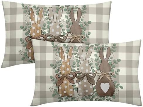 Easter Pillow Covers 12x20 Set of 2 Spring Throw Pillow Covers Rustic Bunny Buffalo Plaid Pillowcase Linen Decoration Farmhouse Soft Decorative Grey Cushion Case Couch for Indoor Outdoor Home Decor by Unknown