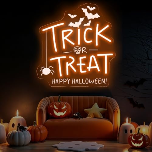 Trick Or Treat Neon Sign, Halloween Neon Light Sign with Bat, 13.8"x13" by DMDMBSR