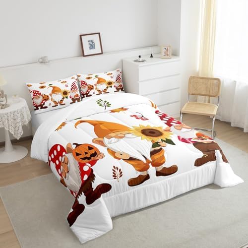 Kids Fall Comforter Set for Boys Girls Autumn Pumpkin Bedding Queen for Teens Youth, Happy Thanksgiving Bedding Comforter Sets Gnome Farmhouse Fall Decor Quilt with 2 Pillowcases, Breathable Soft - Image 4