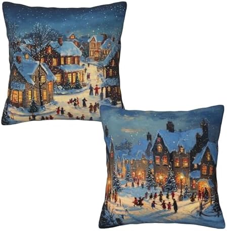 Blue Happy Winter Throw Pillow Covers 18x18 inch Set of 2 Christmas Pillow Case Cushion Cover for Home Sofa Couch Living Room Car Decor by Mshutbna