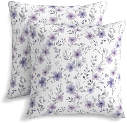 KiuLoam Spring Purple Floral Pillow Covers 20x20 Inch Set of 2, Grey Purple Flower Leaf Rustic Decorative Throw Pillows, Farmhouse Outdoor Square Cushion Cases for Sofa Couch Bed Home Decor by KiuLoam