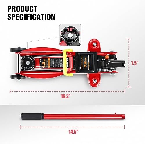 DNA Motoring 1.5 Ton Car Floor Jack Low Profile Hydraulic Trolley Service/Floor Jack, 1.5T / 3000 lbs Capacity, Lifting Range 5.3 Inch -12 Inch, with Storage Case, Red, TOOLS-00326 - Image 5