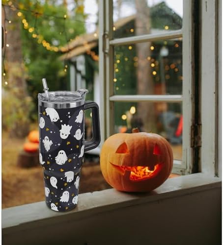 Halloween Tumbler 40oz Ghost Tumbler Spooky Leak Proof Cups with Handle and Straw Insulated Water Bottle Coffee Travel Mugs for Halloween Decor Gifts for Women Men (1PCS) - Image 2