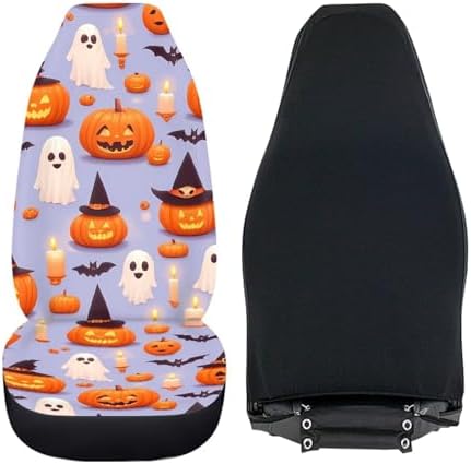 2 pcs/Set Car Seat Covers, Halloween Pumpkin Ghost Car Seat Covers Witch Hat Pumpkin Cartoon Halloween Decor Car Accessories Full Set for Trucks Sedan SUV