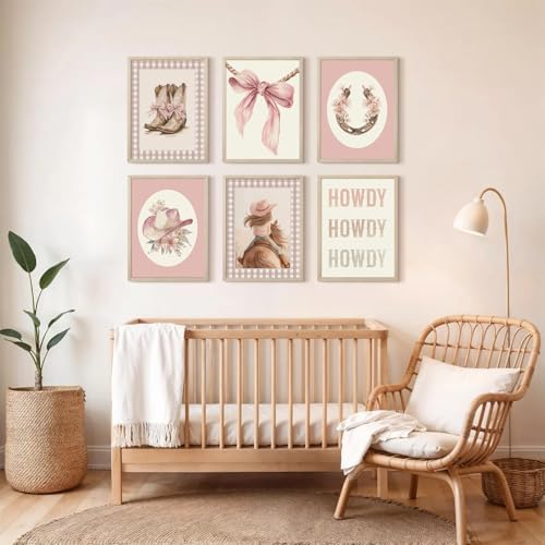 Western Cowgirl Nursery Wall Art Decor Vintage Girl Room Canvas Poster Pink Coquette Nursery Art Prints Preppy Aesthetic Pictures Bow Floral Boots Artwork for Girls Bedroom 12x16 Inch Unframed 6Pcs - Image 4
