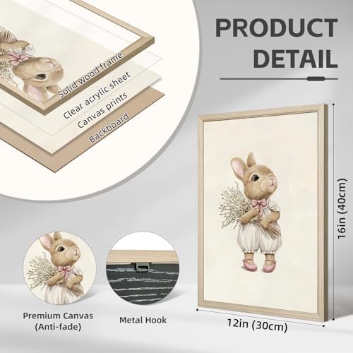 Pink Nursery Wall Art Baby Girl Canvas Wall Decor Vintage Poster Bunny Flower Wall Art Antique Preppy Pictures Animal Floral Prints Kids Swans Painting for Girls Room Bedroom 12x16x6 Inch Wood Framed - Image 2