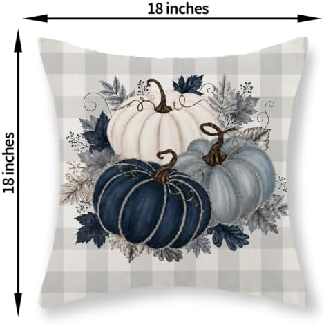 Fall Blue PumpkinPillow Covers 18x18 Set of 2 White Grey Buffalo Plaid - Image 2
