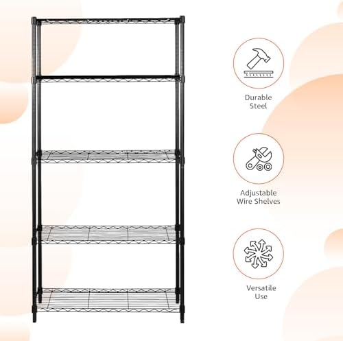 Amazon Basics 5-Shelf Adjustable Heavy Duty Steel Wire Storage Shelves for Garage, Kitchen, Easy Assembly, 36" x 14" x 72", Black - Image 3