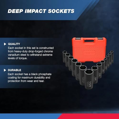 Neiko 02476A 1/2" Impact Socket Set, 14 Piece 6 Point Impact Set, Standard Impact Socket Set, SAE Sizes (3/8-Inch to 1-1/4") Cr-V Steel, Deep Socket Set 1/2 Drive, - Image 2