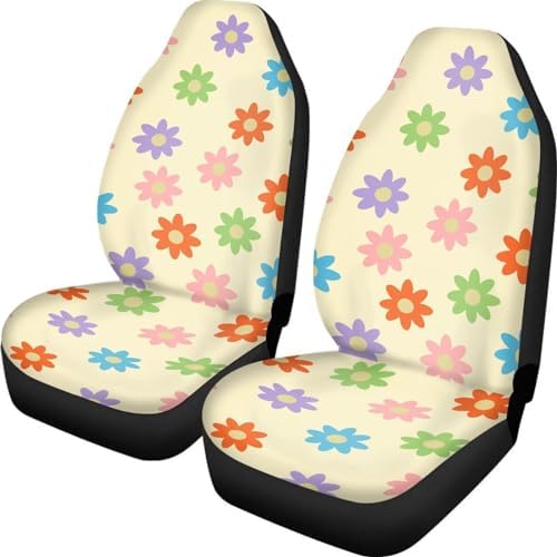 2 Pack Aesthetic Hippie Flower Car Seat Covers for Women,70S 80S Boho Groovy Floral Seat Cover for Front Seats,Washable Non Slip Comfy Seat Cushion Universal Fit SUV Truck Vehicle