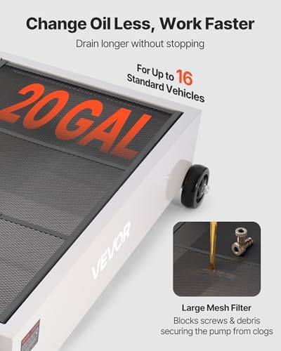 VEVOR Low Profile Electric Oil Drain Pan, 20 Gal Capacity, Rolling Oil Drain Pan with 110V High-Flow Pump, 7.2 ft Hose & T Folding Handle, Leak-proof & Corrosion-resistant, Fit for Trucks, ATVs, White - Image 3