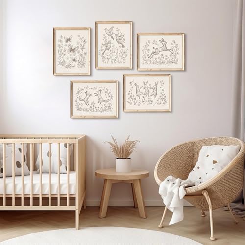 Nursery Woodland Animal Wall Art Baby Boy Canvas Wall Decor Vintage Forest Animal Art Prints Kids Room Poster Cottagecore Deer Fox Pictures Painting Neutral Artwork for Bedroom 12x16x5 Inch Unframed - Image 4