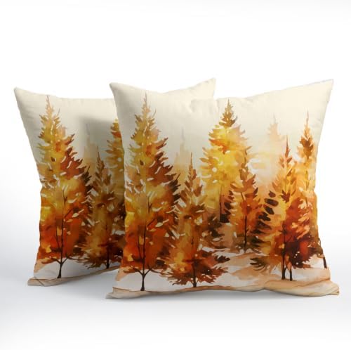 Fall Throw Pillow Covers 22x22 Set of 2 Orange Yellow Pine Trees Thanksgiving Pillow Covers Autumn Nature Forest Watercolor Pillowcase for Kitchen Sofa Cushion Outdoor Bedroom Decoration - Image 3