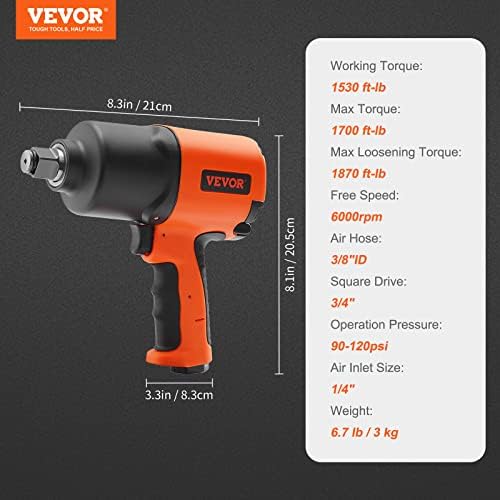 VEVOR Air Impact Wrench, 3/4-Inch Drive Air Impact Gun, Up to 1870ft-lbs Nut-busting Torque, Composite Pneumatic Impact Wrench for Auto Repairs and Maintenance Heavy Duty - Image 7