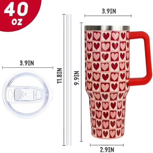 Valentines Tumbler 40oz Love Heart Tumbler Coffee Mugs Buffalo Check Heart Leak Proof Cups with Handle and Straw Stainless Steel Insulated Water Bottle for Valentine Decor Gifts for Women Her(1PCS) - Image 4