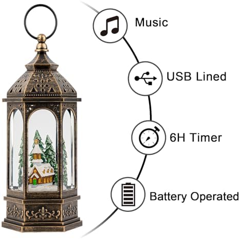 Christmas Snow Globe Lantern Lighted Holiday Village Church with Music& Timer, USB Lined/Battery Operated Lighted Lantern for Christmas Festival Decoration Gifts - Image 5