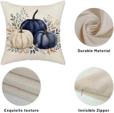 Fall Pillow Covers 18x18 Set of 2 Blue White Pumpkin Eucalyptus Leaves Pillow Covers Autumn Decorative Ourdoor Pillow Cases Thanksgiving Harvest Farmhouse Linen Cushion Cover for Couch Decor - Image 7