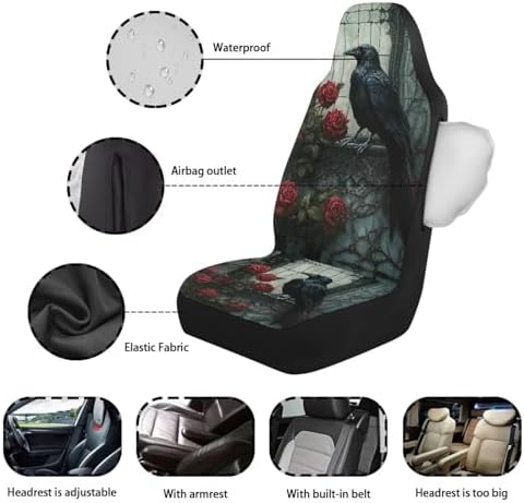 Bulopur Crow Car Seat Covers Full Set 2 Pack Waterproof Front Auto Seat Covers for Car Bucket Seats Side Air Bag Compatible Auto Interior Protector Universal for Most Cars SUV Truck
