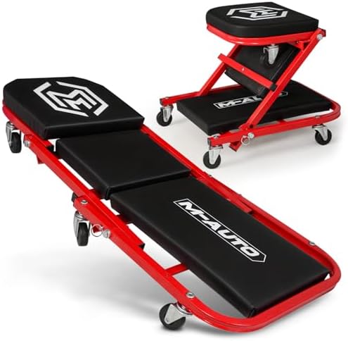 M-AUTO 40-Inch Folding Creeper Rolling Seat, All-in-One Adjustable Roller Garage Chair, Lay Down or Sit, 330LBS Capacity Under Car Roller Creeper with 6 Swivel Casters, Red by M-AUTO