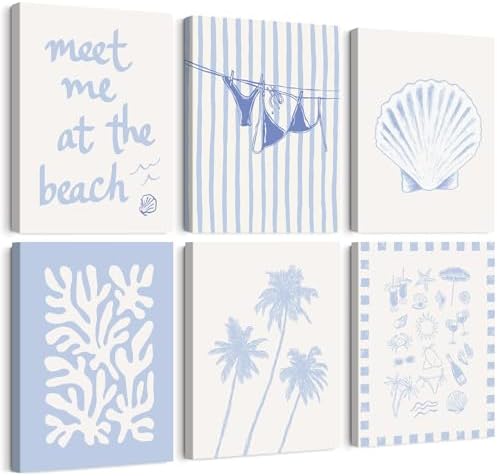 Blue Coastal Wall Art Decor Beach Preppy Canvas Poster Coastal Granddaughter Prints Aesthetic Beachy Picture Summer Bikini Coast Artwork Ocean Shell Painting for Girly Dorm 12x16x6 Inch Ready to Hang by Unknown