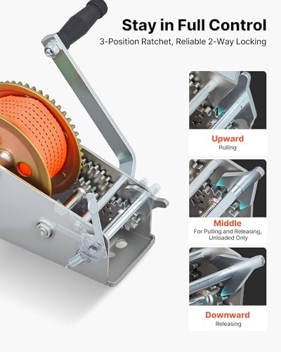 VEVOR Boat Winch, 3500 lbs Hand Winch, Heavy Duty Manual Rope Crank with 20ft Orange Polyester Strap, Portable Two-Way Ratchet, 2 Speed Switchable, Anti-Slip Handle Gear for Boat Trailer ATV Towing - Image 4