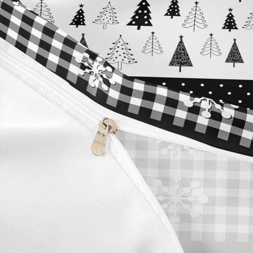 Merry Christmas Kids Duvet Cover Set Full Size,Christmas Trees Snowflake Xmas Bedding Set,Girls Boys Adults Room Decor,Geometric Grids Dots Comforter Cover,Black White Chic Quilt Cover,2 Pillowcases - Image 6