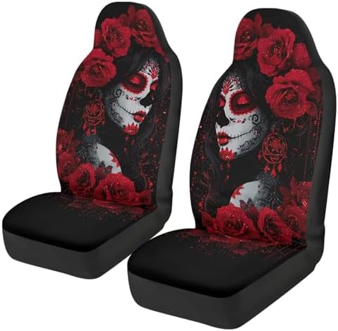 Bulopur Day of the Dead Woman Car Seat Covers Set Non-Slip Breathable Auto Seat Covers Front Seats Only Universal Auto Interior Accessories Dia De Los Muertos Car Decor