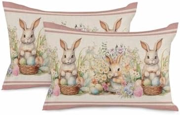 JasmineM Happy Easter Bunny Pillow Covers 12x20 inch Set of 2, Spring Florals Colorful Eggs Decorations Outdoor Throw Pillow Covers, Cotton Linen Lumbar Pillowcases for Sofa Couch Bedroom Decorative by JasmineM