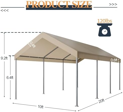 Shintenchi 10x20 FT Heavy Duty Carport,Khaki - Image 2