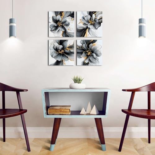 Black and White Abstract Wall Art Framed Marble Flowers Pictures for Living Room Bathroom Wall Decor Gold Foil Fluid Lines Posters Prints Neutral Minimalist Ink Painting Home Decorations 16x16 4 Pcs - Image 2