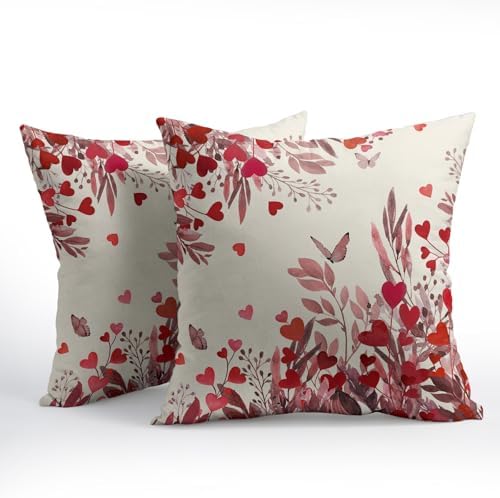 Valentines Day Pillow Covers 18x18 Set of 2 Red Heart Throw Pillow Covers Pink Butterfly Love Pillowcase Linen Decoration Farmhouse Holiday Cozy Soft Cushion Case Couch for Indoor Outdoor Home Decor - Image 2