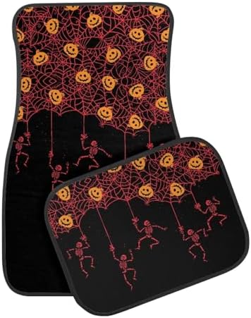 Red Spider Web Skeleton Black Print Funny Halloween Car Floor Mats 4 PCS, Cute Durable Interior Accessories for Car SUV, All Weather Floor Mats with Front Rear Trunk Liners Set for Party