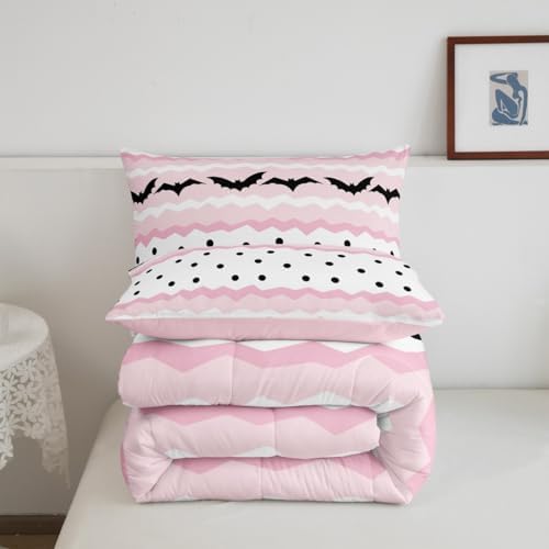 Cute Bat Bedding Set King Size Happy Halloween Animals Comforter Set 3Pcs for Kids Girls Boys Room Decor Pink Geometric Stripes Quilted Duvet Cute Black Gothic Dots Duvet Insert,2 Pillowcases - Image 5
