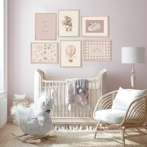 Pink Nursery Wall Art Baby Girl Canvas Wall Decor Vintage Poster Bunny Flower Wall Art Antique Preppy Pictures Animal Floral Prints Kids Swans Painting for Girls Room Bedroom 8x10x6 Inch Wood Framed - Image 5