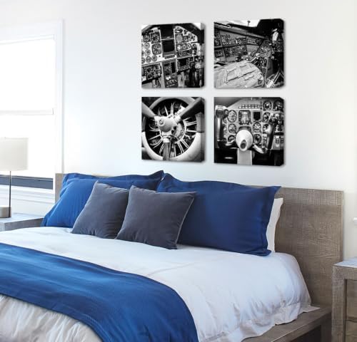 Vintage Airplane Canvas Wall Art, B&W Cockpit Print 12×12 Inch, 4 Panel Set - Image 3