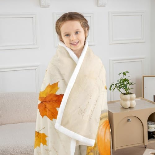 Fall Harvest Throw Blanket Farm Pumpkin Wheat Fleece Flannel Blankets Kids Boys Girls Room Decor Country Maple Leaf Bed Blankets for Bed Sofa Couch Orange Yellow Silvery Plush Blanket Twin 60"x80" - Image 3