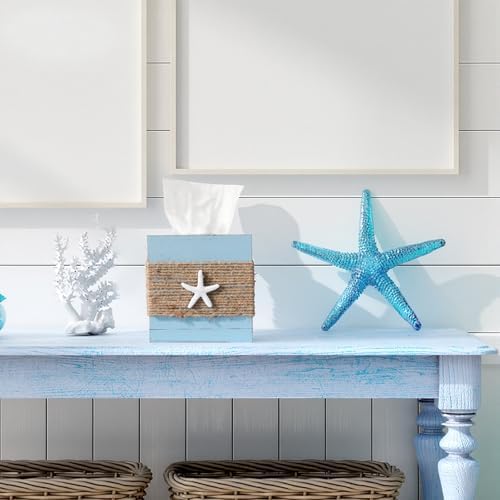 Thyle 2 Pcs Coastal Square Tissue Box Cover Blue Starfish Shell Tissue Box Holder Closure Wood Beach Decorations Farmhouse Cube Napkin Holder for Summer Kitchen Car Home Office Living Room Bedroom - Image 4