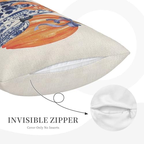 Fall Pillow Covers 12x20 Set of 2 Chinoiserie Blue and Orange Pumpkin Throw Pillows Grandmillennial Autumn Thanksgiving Decoration Pillow Cases Outdoor Fall Decor Cushion Case for Sofa Home - Image 7